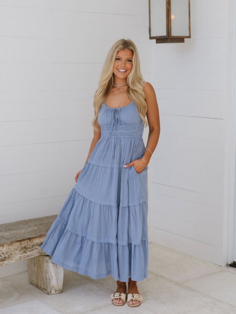 Smocked Tiered Maxi Dress in Light Blue